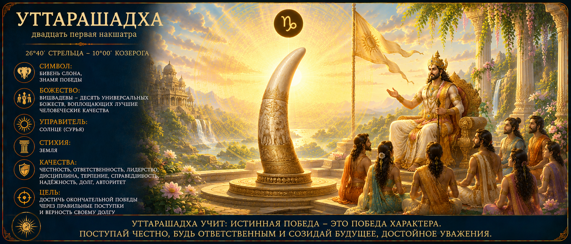 Накшатра Уттарашадха: символы, качества и влияние