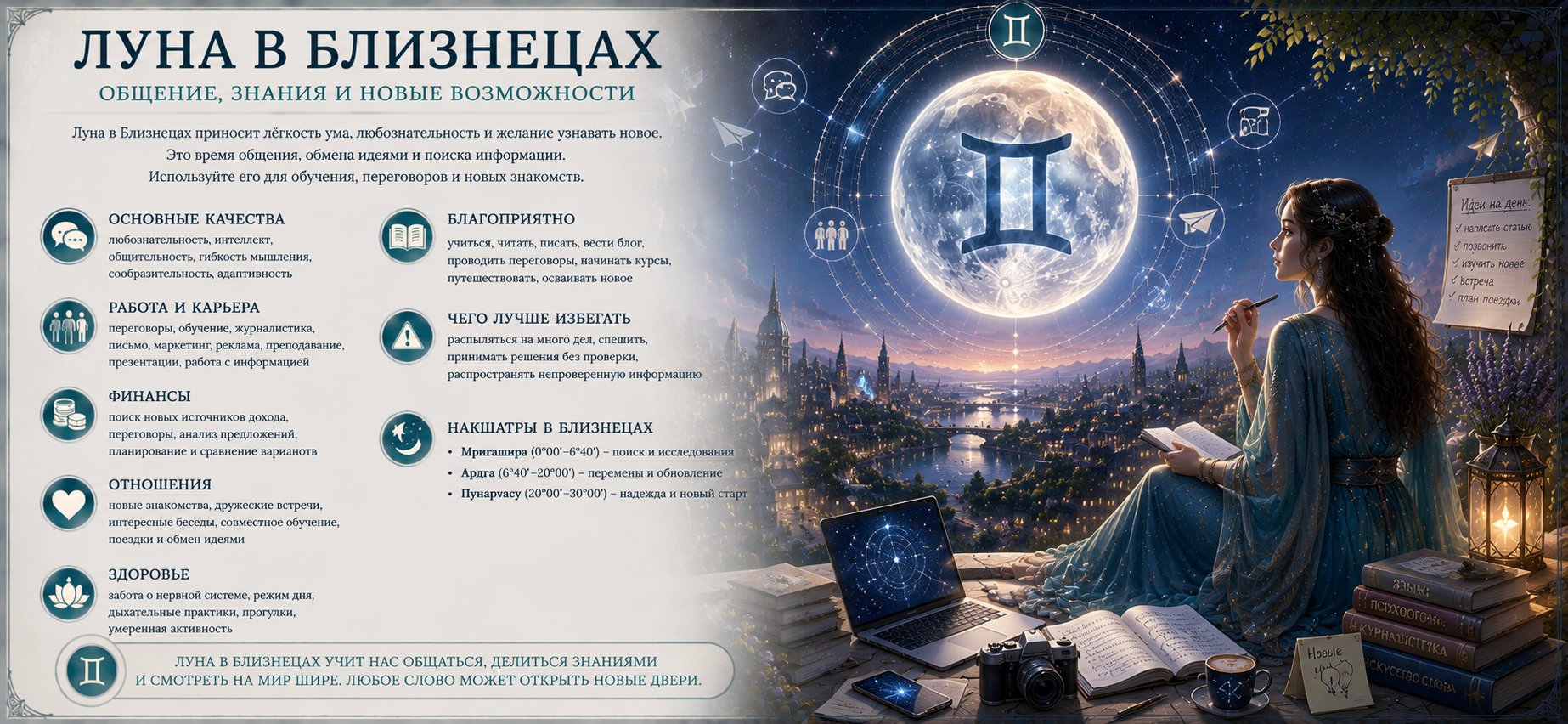 Луна в Близнецах — общение, знания и новые возможности