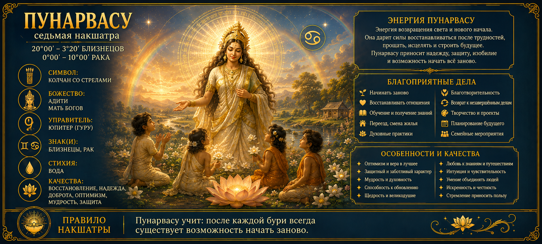 Накшатра Пунарвасу — Адити, колчан со стрелами и символ возвращения света
